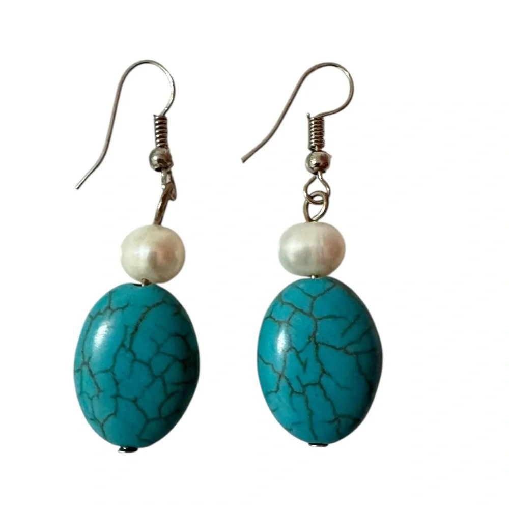 Turquoise Stone & Pearl Statement Necklace Set w/ Matching Earrings